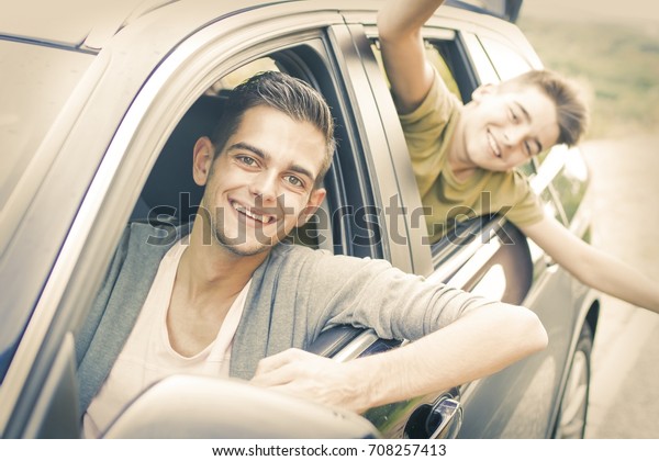 happy family in the travel\
car