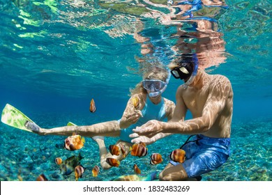 Happy family vacation. Young couple in snorkeling mask hold hand, dive underwater with fishes in coral reef sea pool. Travel lifestyle, watersport adventure, swim activity on summer beach holiday - Shutterstock ID 1832483269
