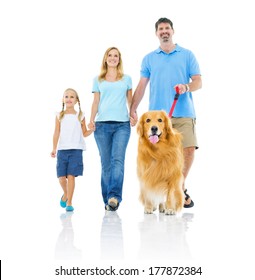 Happy Family Walking  With Dog