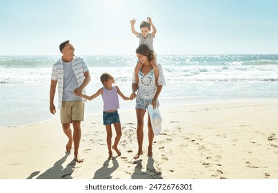 Happy family, walking and holding hands at beach in summer for relax, travel and holiday in Miami. Parents, children and people at ocean with love for vacation, trust and shoulder ride by water - Powered by Shutterstock