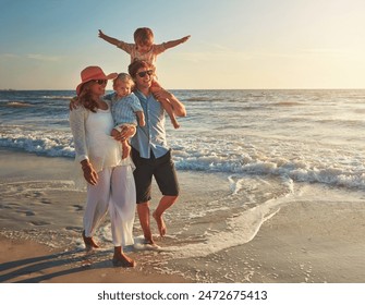 Happy, family and walking on beach for holiday adventure in summer, bonding and love with freedom in Greece. Woman, man and kids on shoulder travel on ocean, support or relax on tropical vacation - Powered by Shutterstock