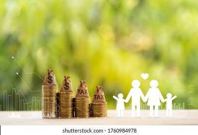 Happy Family In Warm, US Money Bags On Rows Of Rising Coins And Graph Growth Business Investment On Table. Planning For A Secure Future And Financial Status And Mitigating Taxes Concept