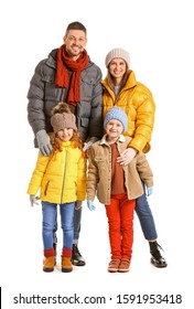 Happy Family In Winter Clothes On White Background