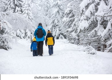 Happy Family Witn Children, Hiking In Mountains Wintertime, Lots Of Snow, Beautiful Winter Forest With Deep Snow