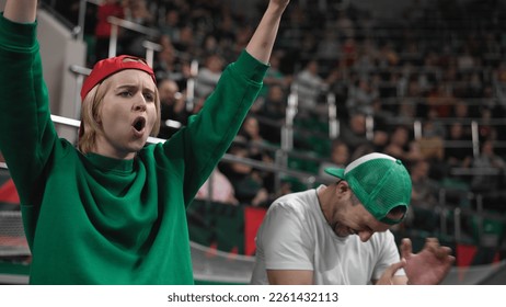 Happy fans football stadium arena. Emotion crowd clap applaud. Smile guy watch soccer cup. Man cheering sport team. Wild girl enjoy goal score. Game event stands. Win play. Fan cheer tribune close up. - Shutterstock ID 2261432113