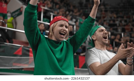 Happy fans football stadium arena. Emotion crowd clap applaud. Smile guy watch soccer cup. Man cheering sport team. Wild girl enjoy goal score. Game event stands. Win play. Fan cheer tribune close up. - Shutterstock ID 2261432137