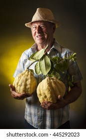 Happy Farmer Keep In His Hands Two Giant Cedars Fruit. Studio Portrait, Yellow And Black Background