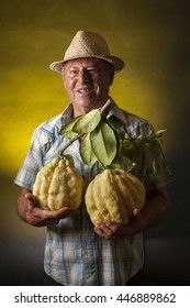 Happy Farmer Keep In His Hands Two Giant Cedars Fruit. Studio Portrait, Yellow And Black Background