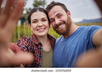 Happy Farmer Selfie, Couple Or Sustainability Agriculture People With Growth Mindset, Agriculture Innovation Or Environment Innovation. Man, Woman Or Nature Worker In Countryside Field Smile