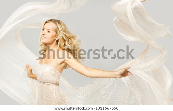 Happy Fashion Model In White Dress, Woman Beauty Portrait Stock Image