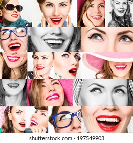 Happy Fashion Women Collage.Smile And Faces. Makeup, Emotions