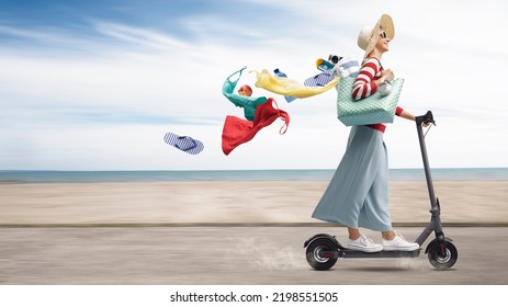 Happy fashionable woman riding a fast electric scooter and going to the beach, she is losing her accessories, tourism and vacations concept - Powered by Shutterstock