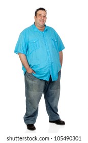 Happy Fat Man With Blue Shirt Isolated On White Background