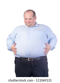 Happy Fat Man In A Blue Shirt, Isolated