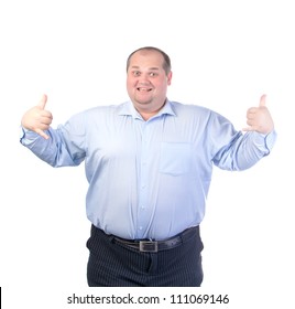 Happy Fat Man In A Blue Shirt, Isolated