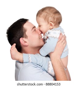 Happy Father With A Baby Isolated On A White Background