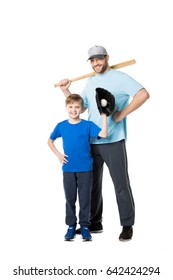 Happy Father And Child Ready To Play Baseball Isolated On White