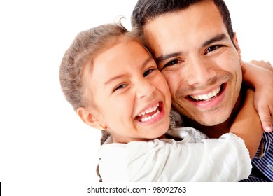 Happy Father And Daughter Smiling - Isolated Over A White Background