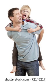 Happy Father Giving His Son Piggy Back Ride - Isolated On White