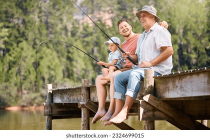 Happy father, grandfather and child fishing at lake together for fun bonding or peaceful time in nature. Dad, grandpa and kid enjoying life, catch or fish with rod by water pond or river in forest - Powered by Shutterstock