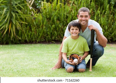 Happy Father And His Son Playing Baseball