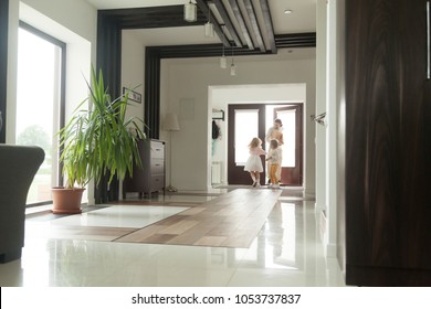 Happy Father And Kids Opening Door Entering Big Modern House Coming Back Home Holding Paper Bag With Food, Single Dad With Children Son And Daughter Returning From Family Shopping Together Concept