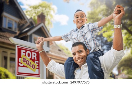 Happy Father and Son Riding Piggyback In Front of New House and Sold For Sale Real Estate Sign. - Powered by Shutterstock