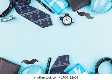 Happy Fathers Day Background With Wallet, Gift Box, Coffee Cup, Pen, Leather Belt, Funny Moustache On Table Top View. Flat Lay Style, Overhead, Mockup, Template, Copy Space