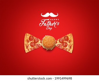 Happy Father's Day Burger And Pizza Concept. Father Symbol Shape With Burger And Pizza Concept For Restaurant And Fast Food Brand For Father's Day. Restaurant And Fast Food Father's Day Concept.