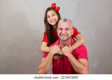 Happy Fathers Day! Happy Caucasian Father And Daughter Hugging On Plain Background With Copy Space