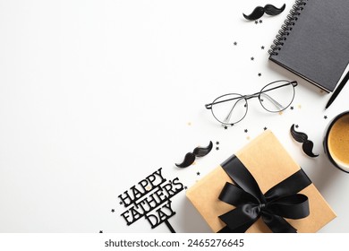 Happy Fathers day concept. Gift box, eyeglasses, a notebook, and a coffee cup on white background. Decorated with Happy Father's Day text and playful elements like stars and mustaches - Powered by Shutterstock