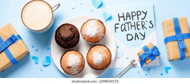 Happy Father's Day Concept, Greeting card, Father's Day Breakfast with a cute letter on light blue background - Powered by Shutterstock