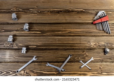 Happy Father's Day. Flat lay with Copy Space on Father's Day theme. Wooden background. On the topic of car mechanic and motorcyclist, biker