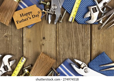 Happy Fathers Day Gift Tag With Double Border Of Tools And Ties On A Rustic Wood Background