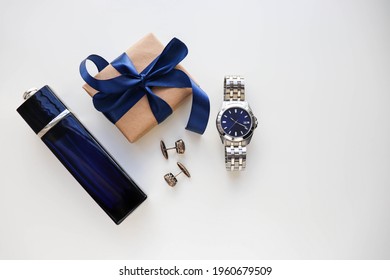 Happy father's day greeting card . set of men's accessories. men's tie, watches, cufflinks and cologne. gift concept  - Shutterstock ID 1960679509