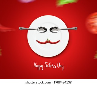 Happy Father's Day Restaurant Concept. Father Symbol Shape With Plate And Spoon Concept For Restaurant And Food Brand For Father's Day. Restaurant And Fast Food Father's Day Concept.