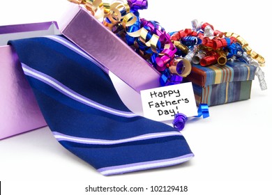 Happy Fathers Day Tag With Gift Boxes And Tie