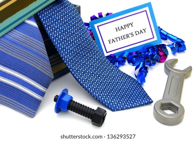 Happy Fathers Day Tag With Gift Box, Ties And Toy Tools