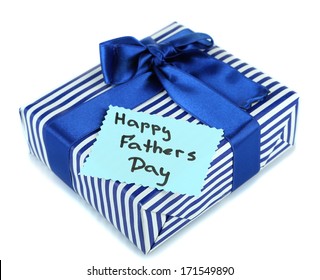 Happy Fathers Day Tag With Gift Box, Isolated On White