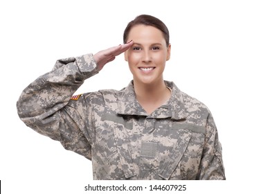 Happy Female American Soldier Saluting 