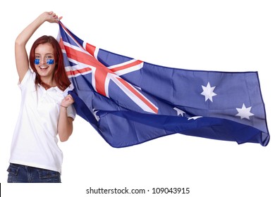 Happy Female With Australian Flag And Small Flags On His Cheeks, Isolated