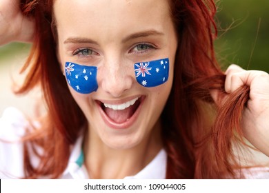 Happy Female With Australian Flag And Small Flags On His Cheeks, Isolated