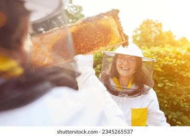 Happy female beekeeper and man holding honeycomb frame in garden - Powered by Shutterstock