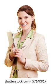 Happy Female Coach Holding Clipboard And Pen