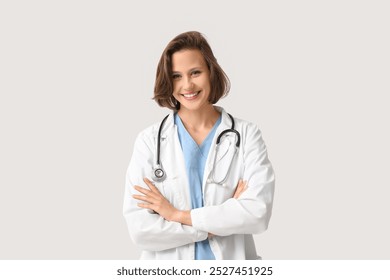 Happy female doctor with stethoscope on white background - Powered by Shutterstock