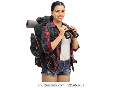 Happy Female Hiker Holding A Binoculars Isolated On White Background