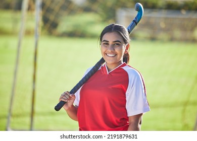 Happy Female Hockey Coach Portrait, Womens Team Sport Player With Natural Field Background Outdoors Alone. Confident Athlete Training For Competition, Motivation Fitness And Collaboration Exercise.