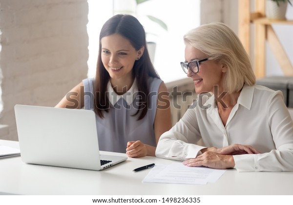 Happy Female Office Employees Sit Office Stock Photo 1498236335 ...