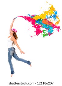 Happy Female Painter With A Colorful Paint Splash - Isolated