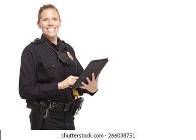 Happy Female Police Officer With Digital Tablet Against White Background